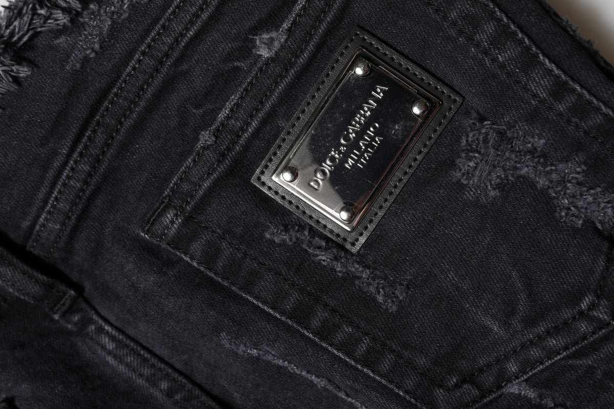Black Cotton Tattered Skinny Denim Jeans