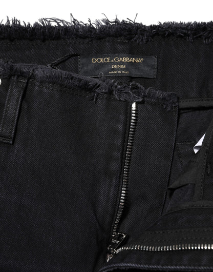 Black Cotton Tattered Mid Waist Denim Jeans