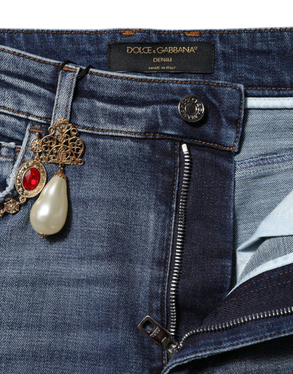 Blue Rhinestone Embellished Denim Jeans