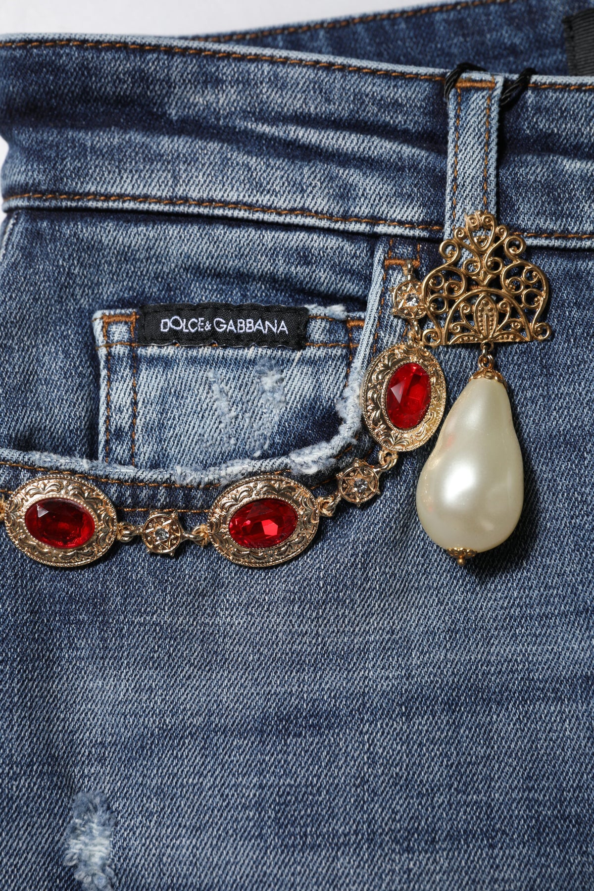 Blue Rhinestone Embellished Denim Jeans