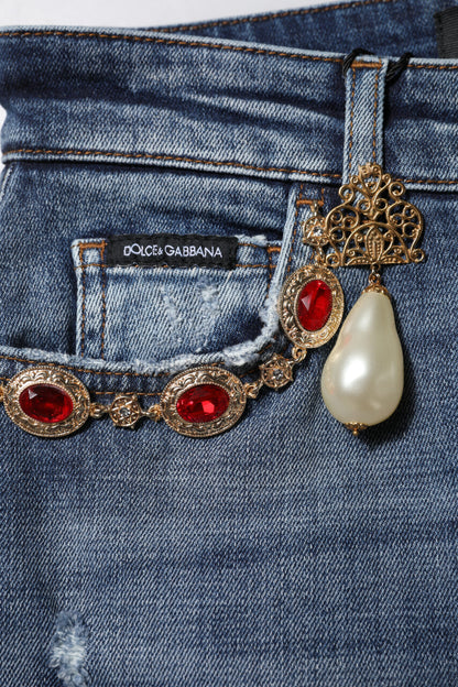 Blue Rhinestone Embellished Denim Jeans