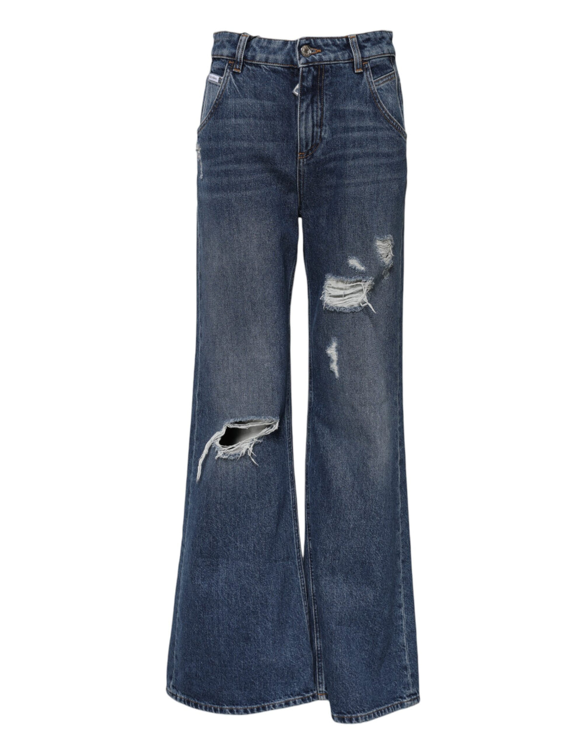 Blue Cotton Wide Leg Tattered Denim Jeans