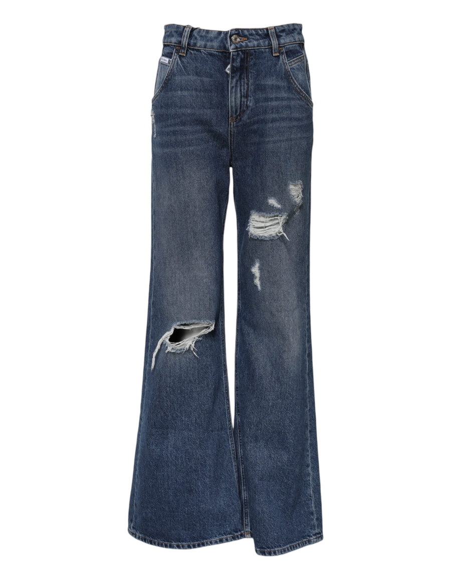 Blue Cotton Wide Leg Tattered Denim Jeans