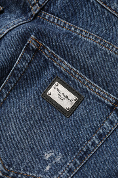 Blue Cotton Wide Leg Tattered Denim Jeans