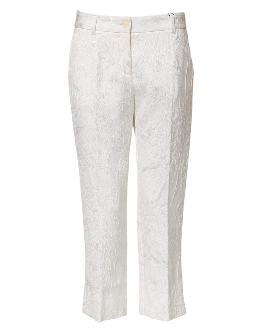 White Cotton Floral Jacquard Pants