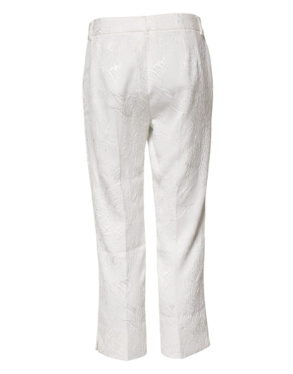 White Cotton Floral Jacquard Pants
