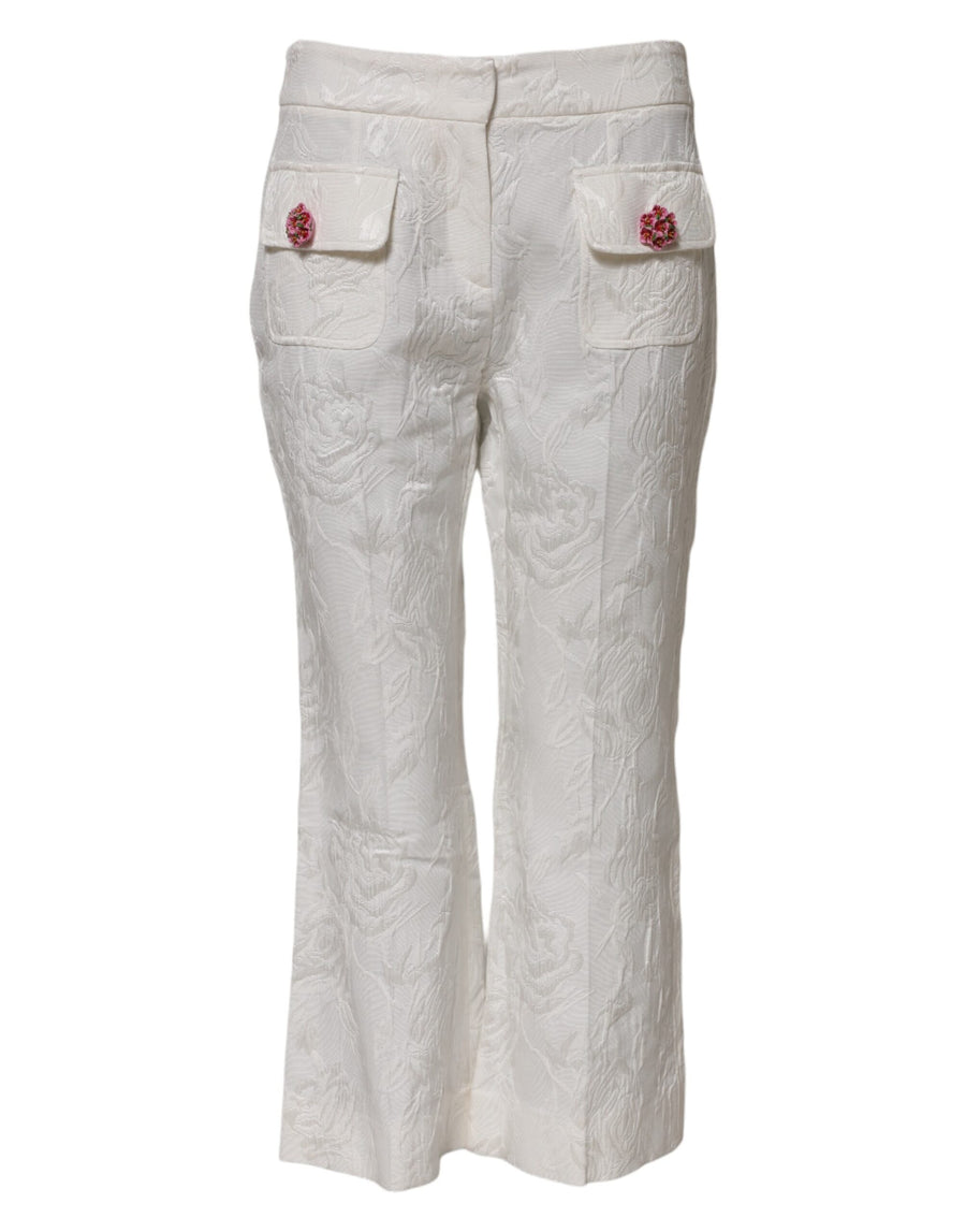 White Cotton Floral Jacquard Pants