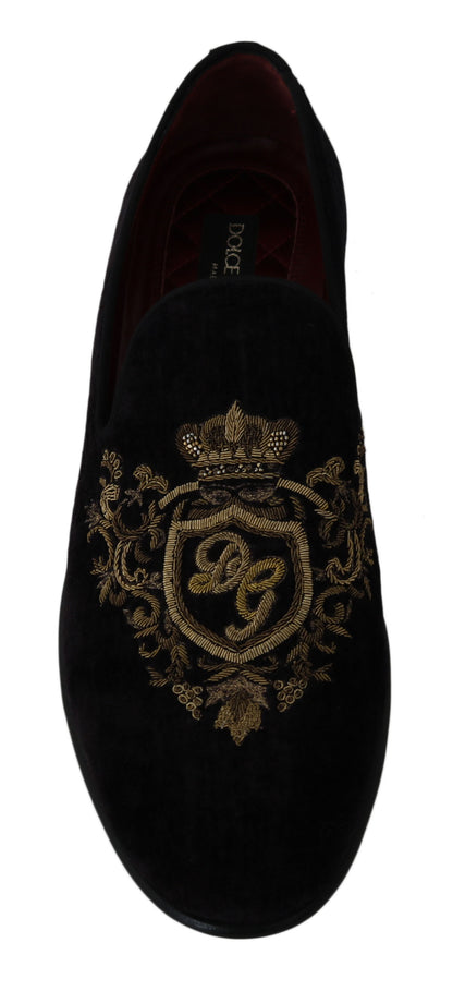 Loafers Black Velvet Gold Crown
