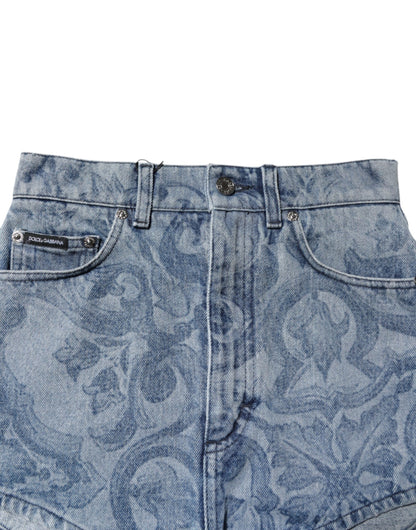 Blue Floral Print Denim Cotton Hot Pants Shorts