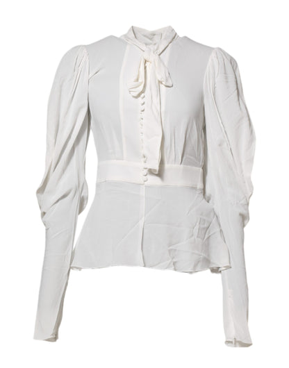 White Viscose Ascot Collar Long Sleeves Top
