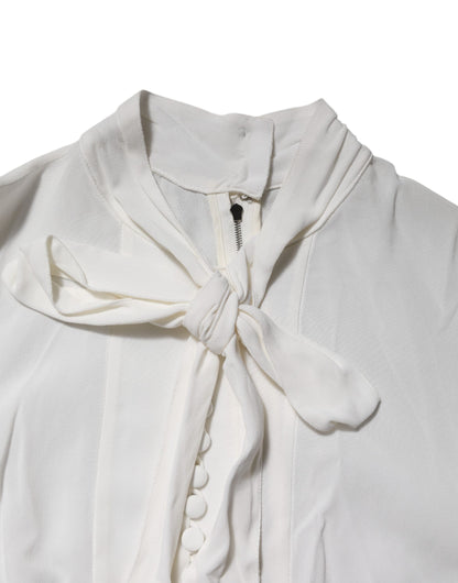 White Viscose Ascot Collar Long Sleeves Top