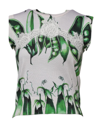 White Green Pea Print Sleeveless Blouse Top