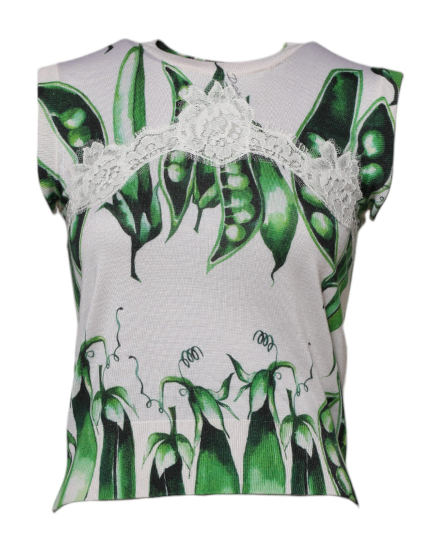 White Green Pea Print Sleeveless Blouse Top