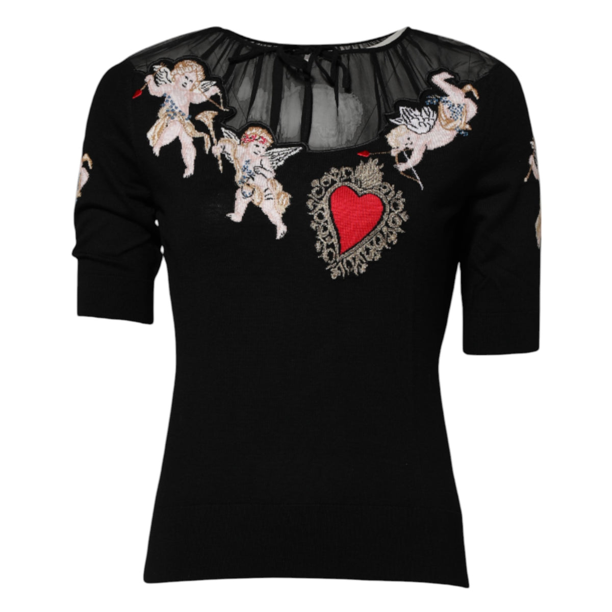 Black Sacred Heart Embroidered Crewneck Top