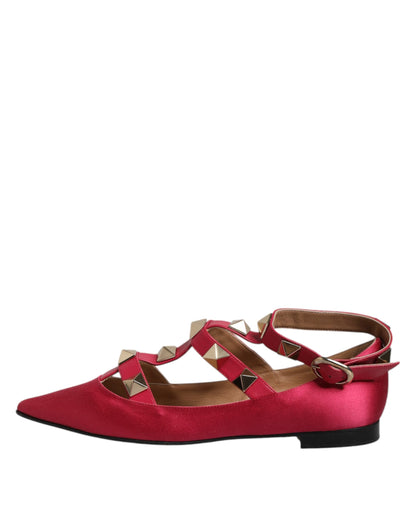 Red Gold Studded Pointed Toe Ballet Flats Shoes