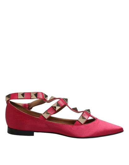 Red Gold Studded Pointed Toe Ballet Flats Shoes