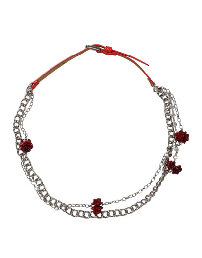 Red Leather Silver Chain Floral Cintura Belt