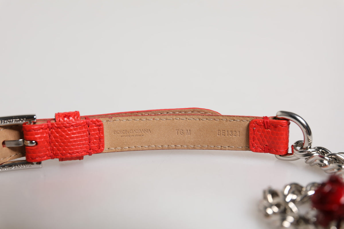 Red Leather Silver Chain Floral Cintura Belt
