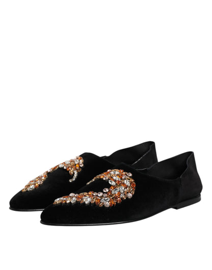 Black Velvet Embellished Loafer Slip On Shoes