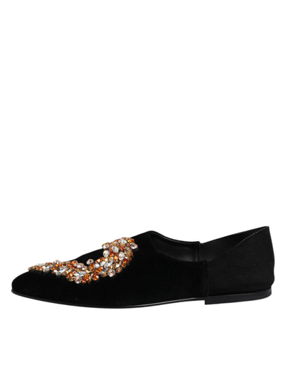 Black Velvet Embellished Loafer Slip On Shoes
