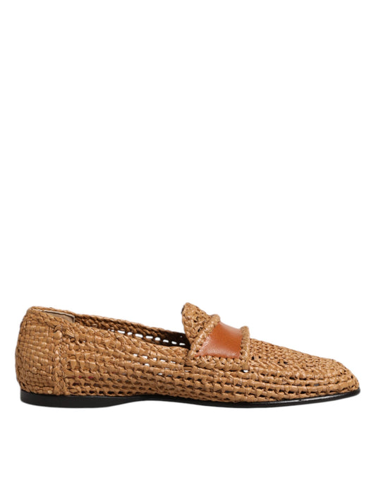 Brown Woven Raffia Slip On Loafers Shoes