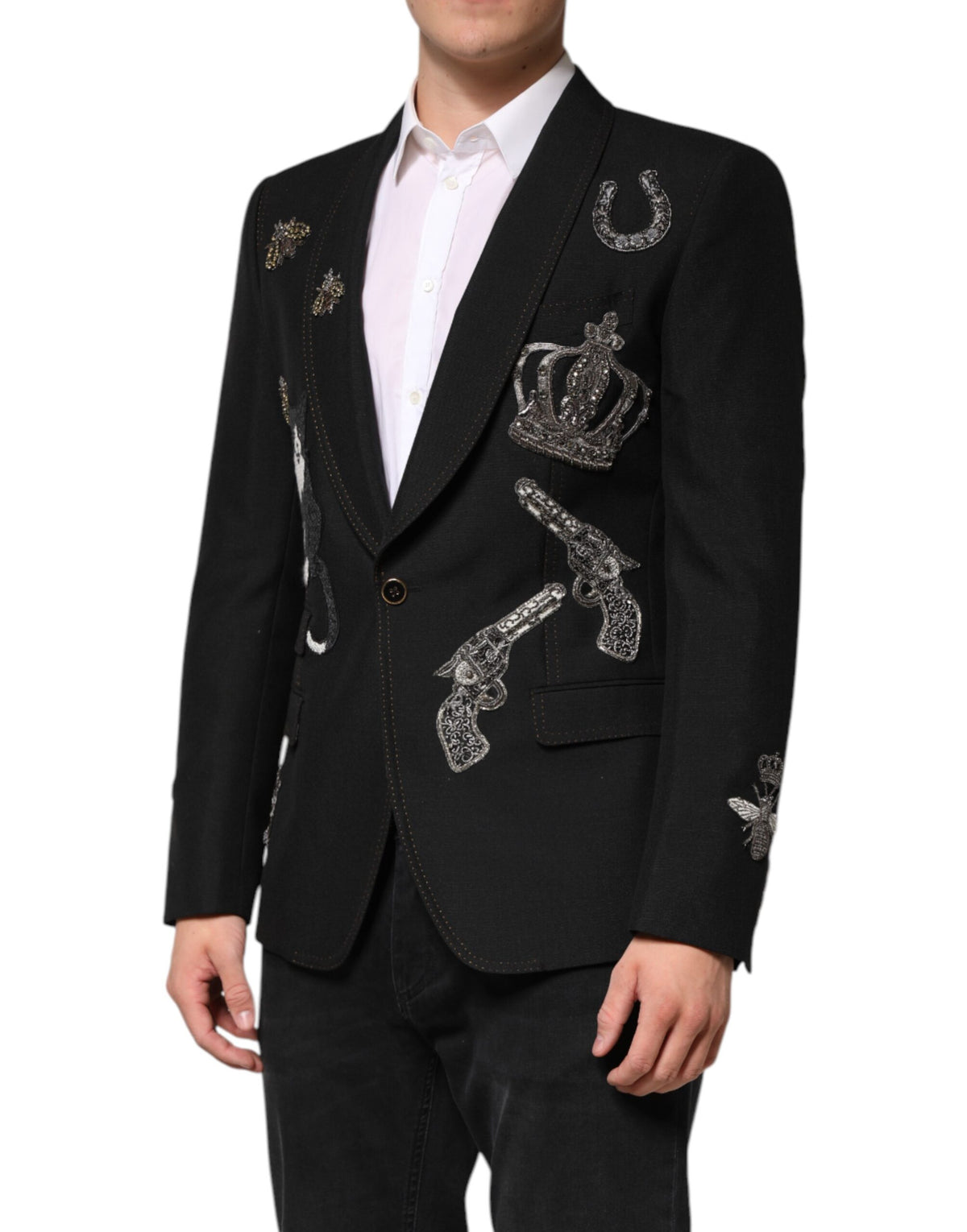 Black Bee Crown Embellished Suit Coat Blazer