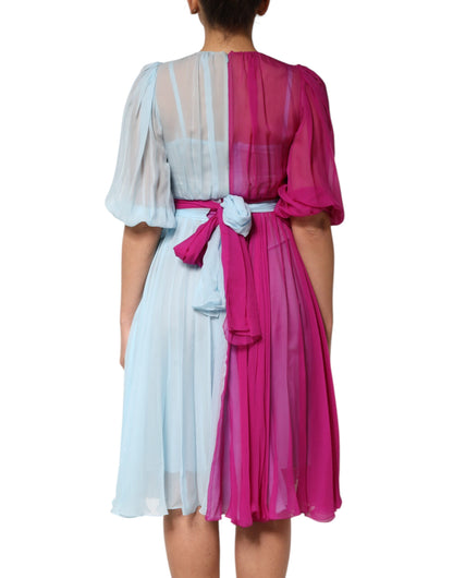 Fuchsia Light Blue Silk Two Tone Midi Dress
