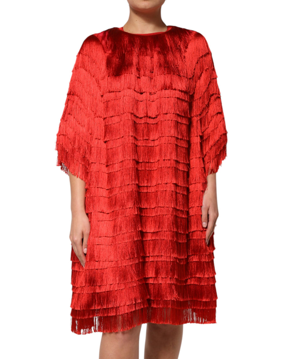Red Silk Tiers Fringe Shift Knee Length Dress
