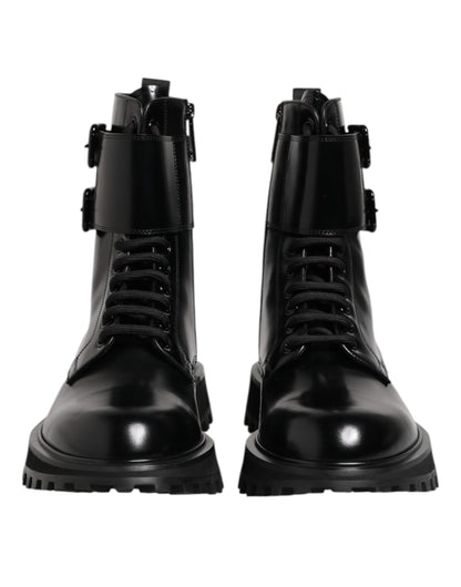 Black Leather Lace Up Mid Calf Boots Shoes