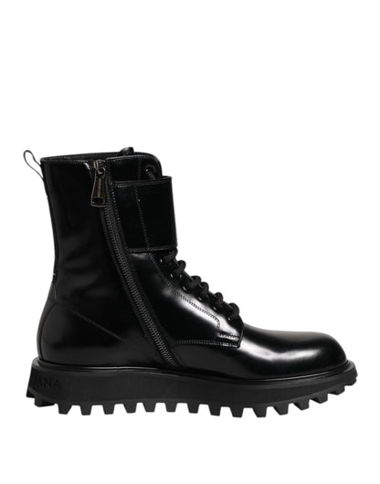 Black Leather Lace Up Mid Calf Boots Shoes