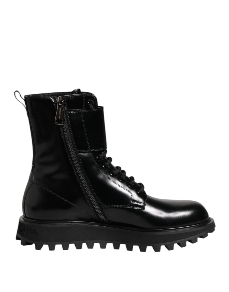 Black Leather Lace Up Mid Calf Boots Shoes