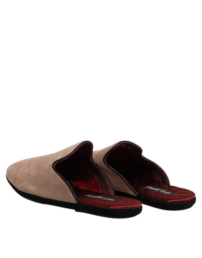Beige Suede Leather Slides Flat Slipper Shoes