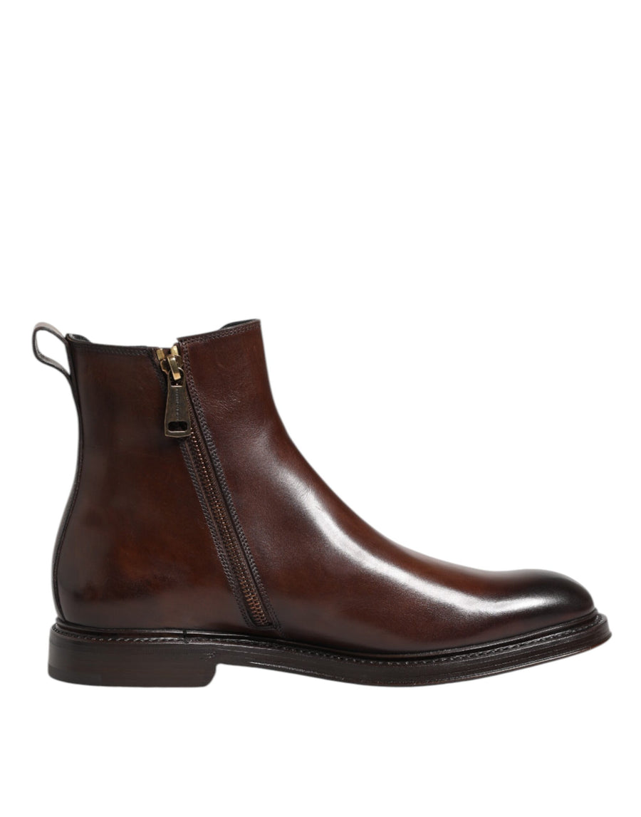 Brown Chelsea Leather Mid Calf Boots Shoes