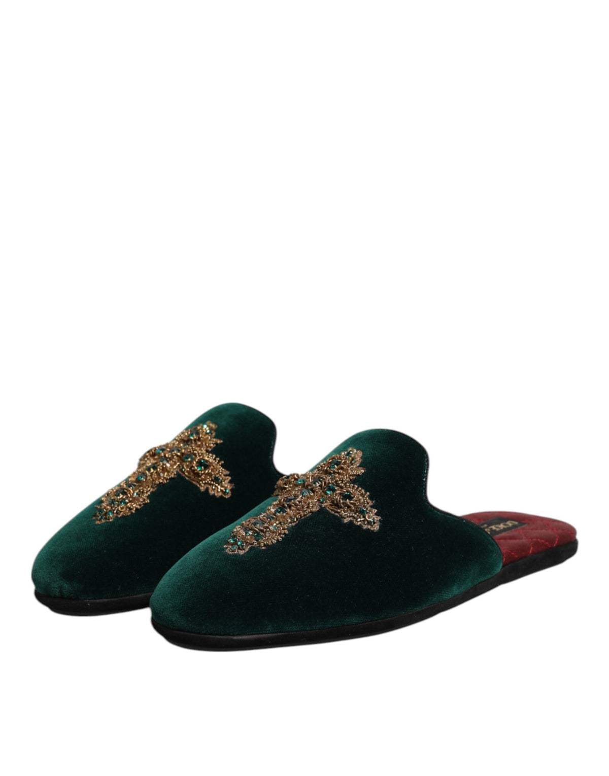 Green Velvet Cross Embellished Slippers Shoes