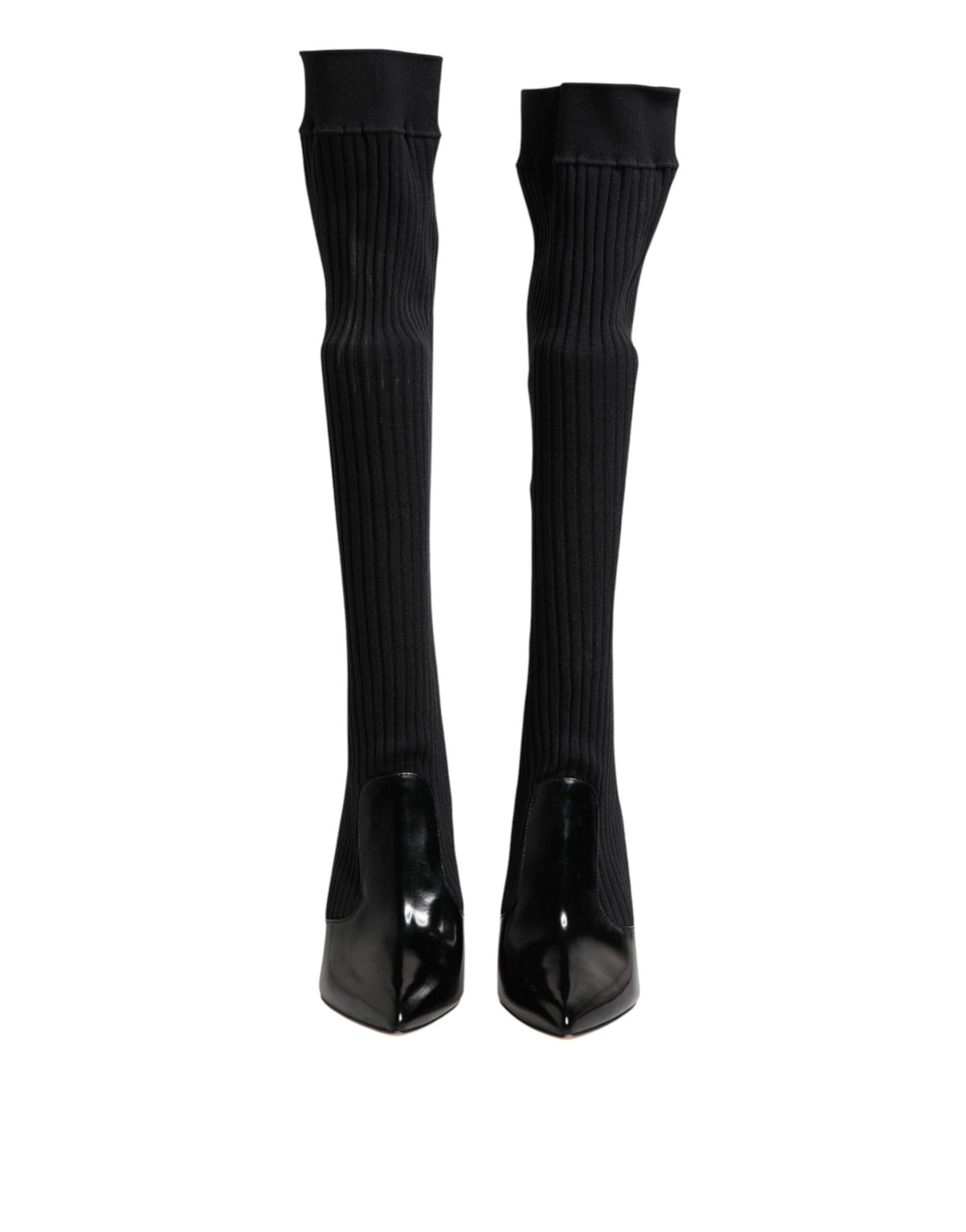Black Leather Ribbed Knit Knee Boots Shoes