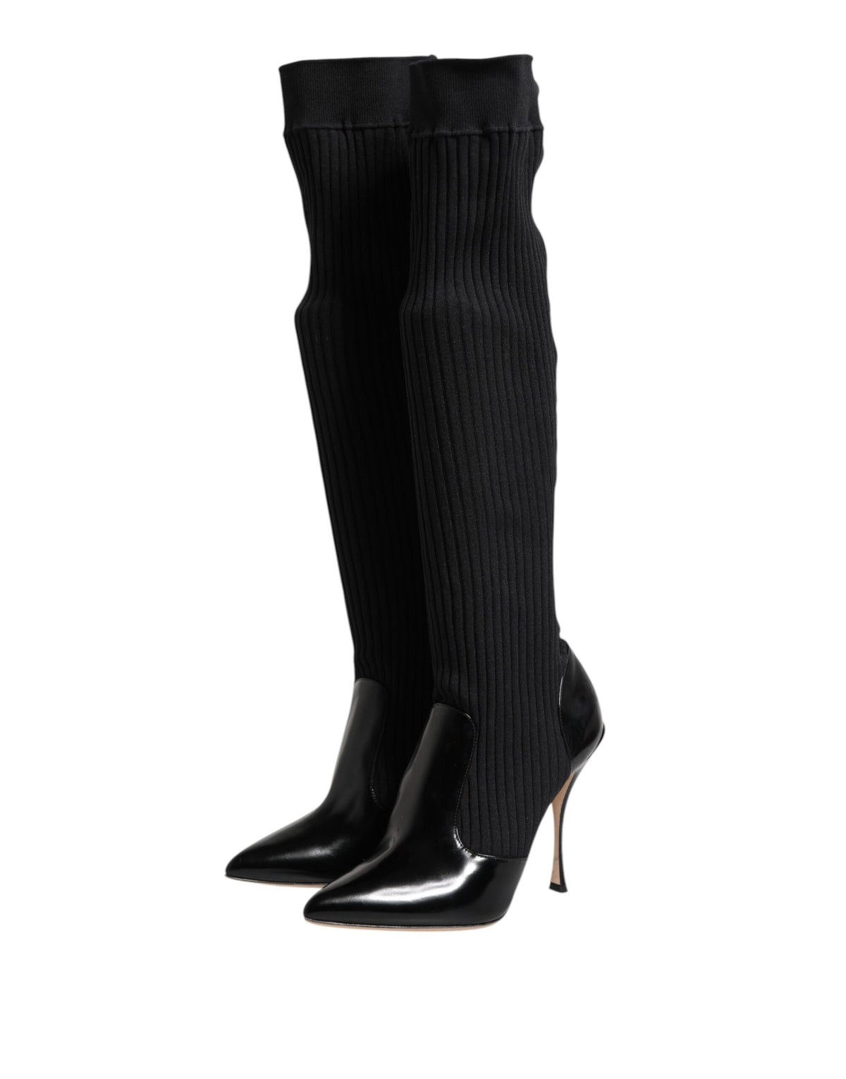 Black Leather Ribbed Knit Knee Boots Shoes