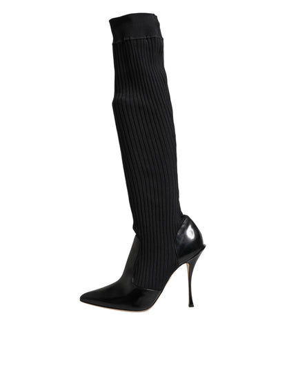 Black Leather Ribbed Knit Knee Boots Shoes