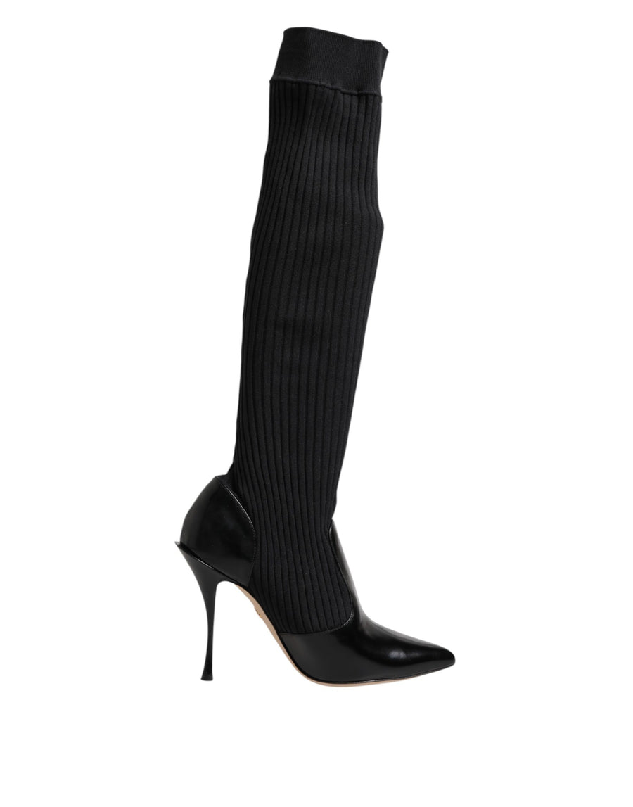 Black Leather Ribbed Knit Knee Boots Shoes