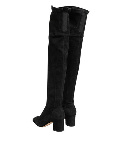 Black Suede Leather Knee High Boots Shoes