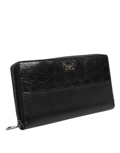 Black Leather Logo Plaque Zip Around Continental Wallet