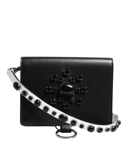 Black Leather Crystal Embellished Card Holder Wallet
