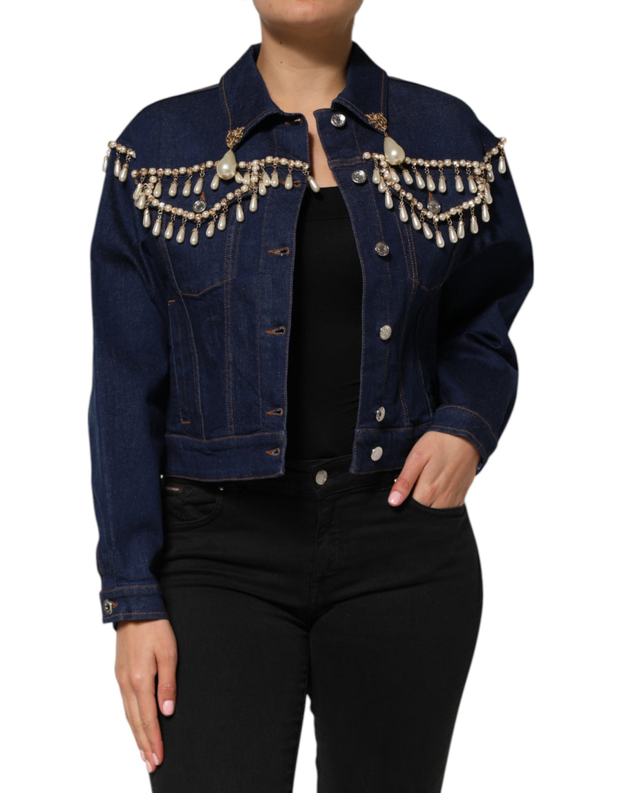 Blue Cotton Denim Crystal Embellished Jacket
