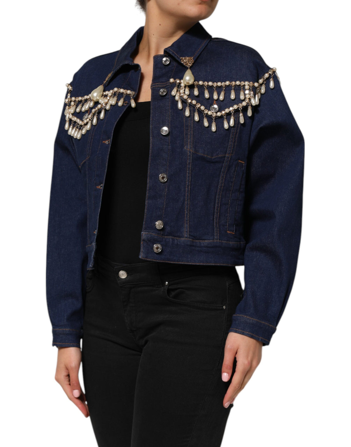 Blue Cotton Denim Crystal Embellished Jacket