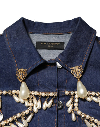 Blue Cotton Denim Crystal Embellished Jacket