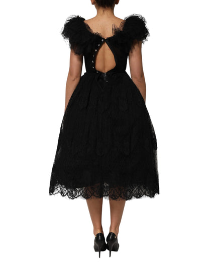 Black Crystal Embellished Midi A-line Dress