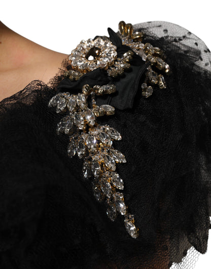 Black Crystal Embellished Midi A-line Dress