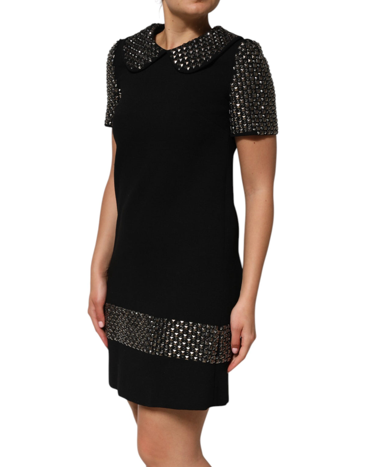 Black Crystal Embellished Collared Mini Dress