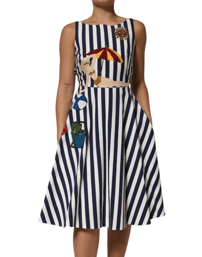 Blue White Striped Embroidered A-line Dress