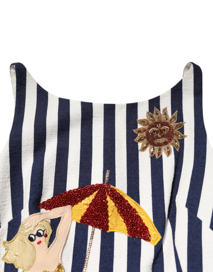 Blue White Striped Embroidered A-line Dress