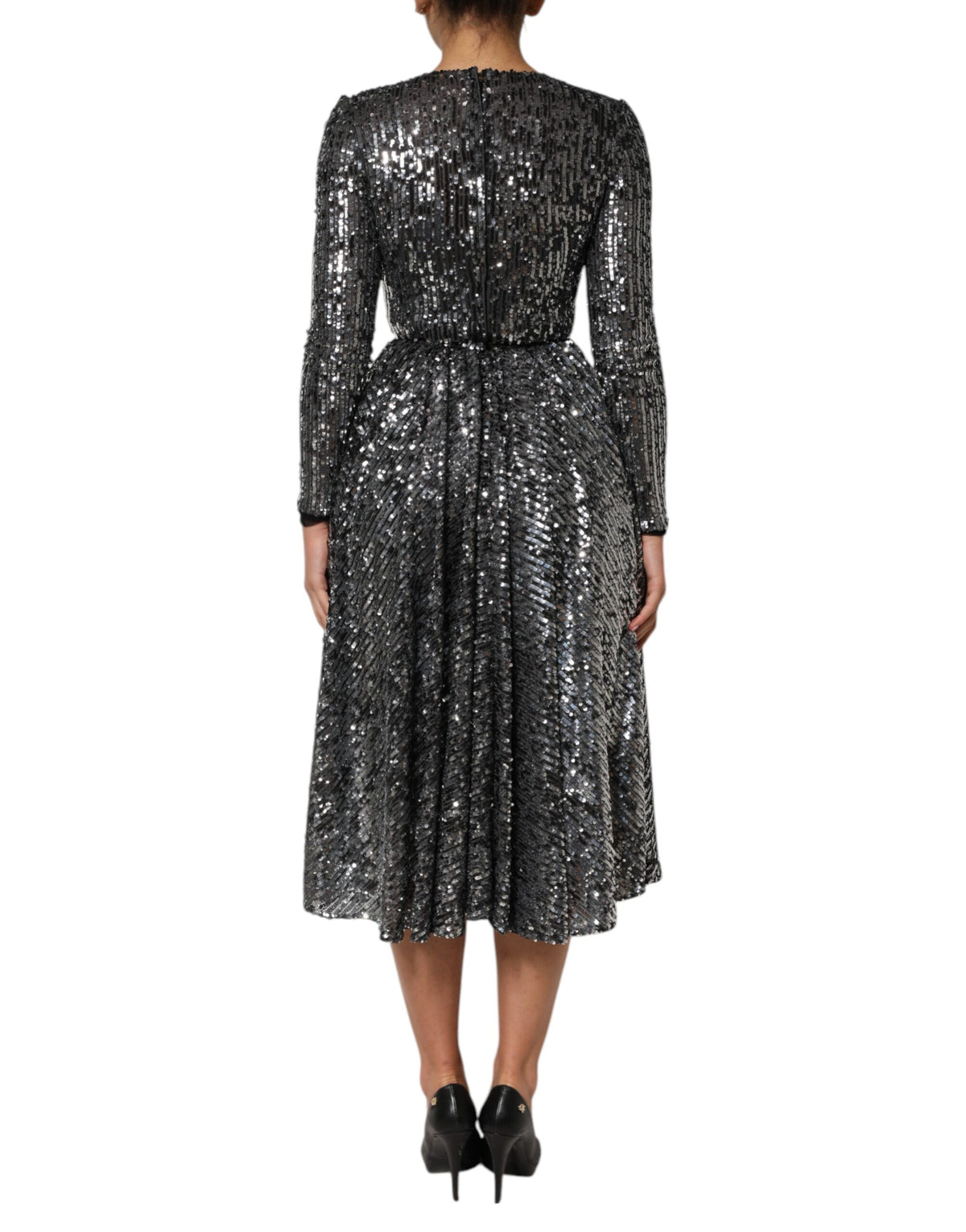 Black Sequined Long Sleeves Midi A-line  Dress